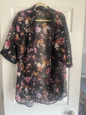 Sheer Floral Open Kimono floral black and pink size medium